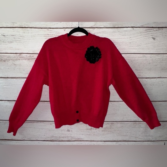 Shein Red Knit Cardigan with Black Flower Accent – Size M Office Church Party - Picture 3 of 11
